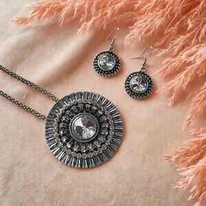 Silver Art Deco Rhinestone Pendant Necklace and Earrings